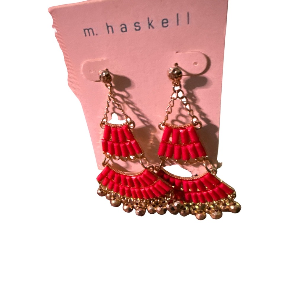 M Haskell Red Seed Bead Chandelier Earrings Gold Tone Boho Fan Drop Earrings